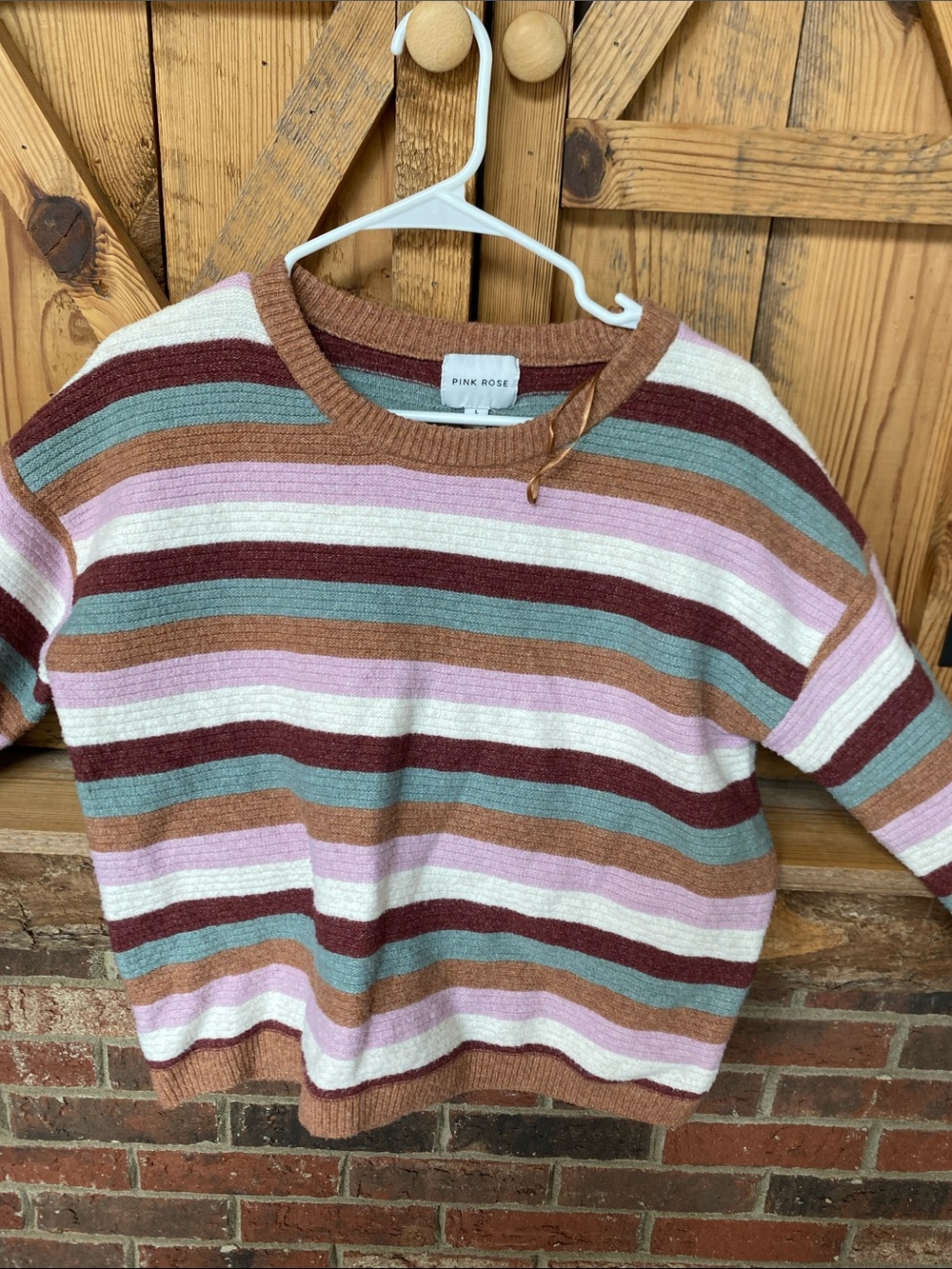 Pink Rose Striped Crewneck Sweater - Pink, Teal, Brown, Burgundy, Cream